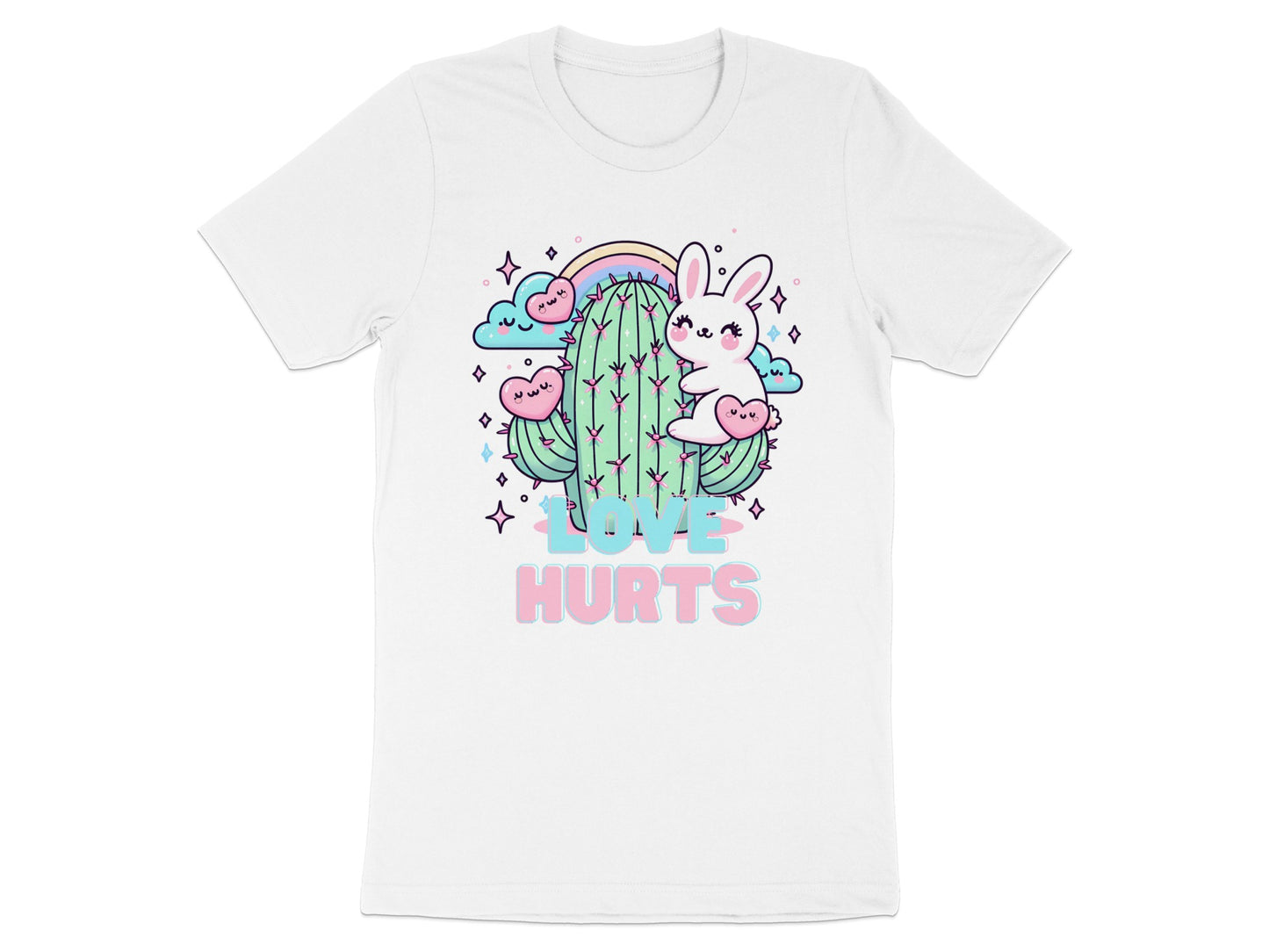 Cute bunny on cactus with rainbow, clouds, hearts, and text "LOVE HURTS".