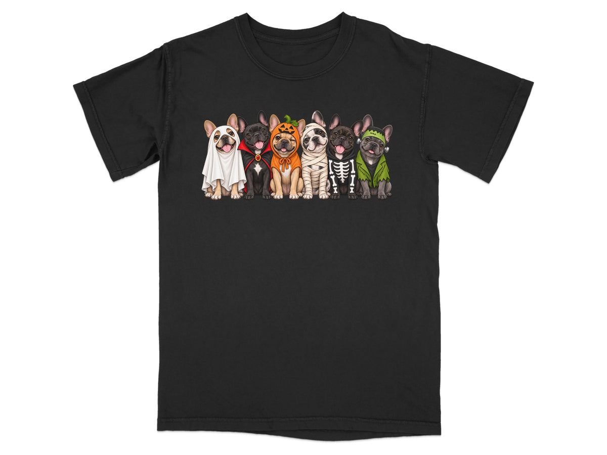 Six French Bulldogs dressed in Halloween costumes: ghost, vampire, pumpkin, mummy, skeleton, and Frankenstein.