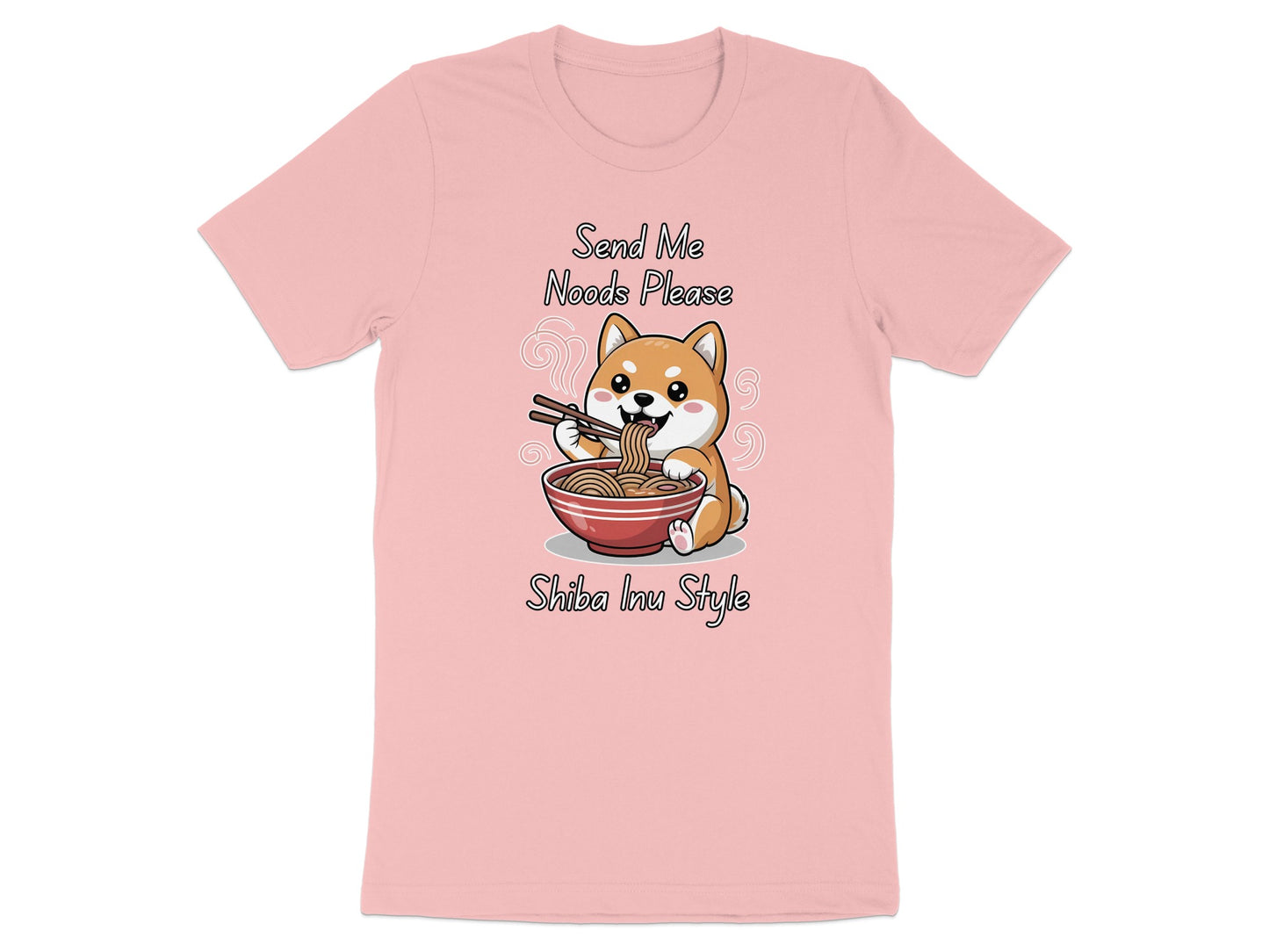Pink t-shirt with illustration of Shiba Inu eating ramen and text "Send Me Noods Please".
