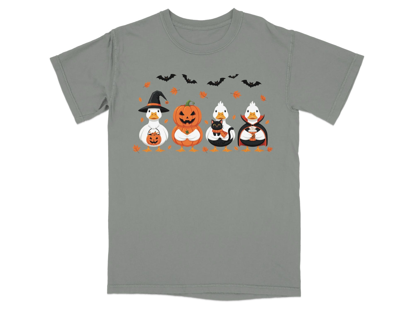 Four cartoon ducks in Halloween costumes with bats and leaves on a gray t-shirt.