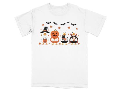 Four cartoon ducks dressed for Halloween with bats and leaves.