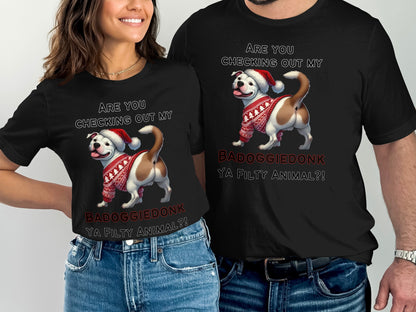 Black t-shirts featuring a dog in a Santa hat and holiday sweater with text.