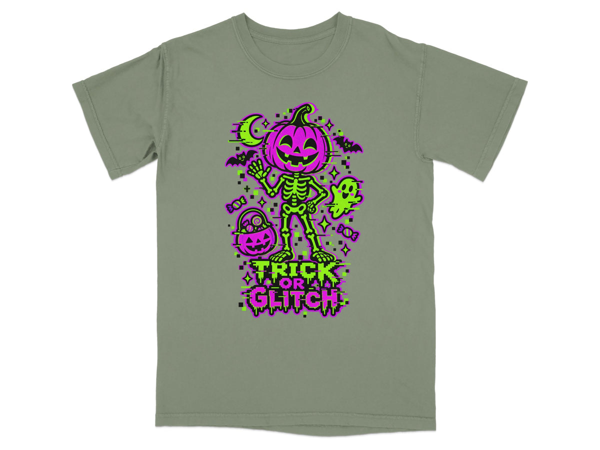 Green t-shirt with glitch art of a skeleton, pumpkin head, ghost, bats, and text.