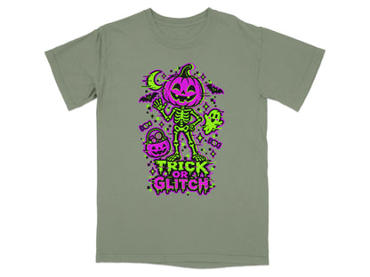 Green t-shirt with glitch art of a skeleton, pumpkin head, ghost, bats, and text.