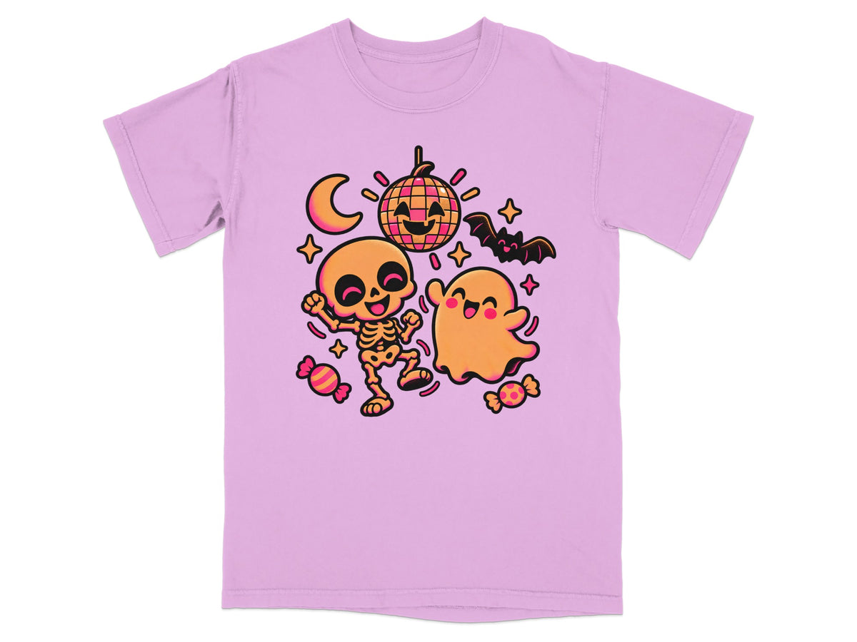 Pink t-shirt with Halloween characters: dancing skeleton, ghost, bat, moon, disco ball, and candy.