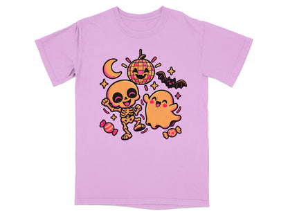 Pink t-shirt with Halloween characters: dancing skeleton, ghost, bat, moon, disco ball, and candy.