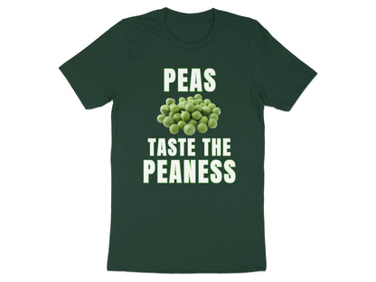Green t-shirt with text "PEAS TASTE THE PEANESS" and a pile of peas.