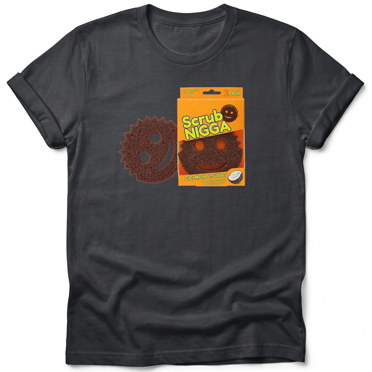 Scrub Nigga two-pack scrubber with smiley face on orange packaging.