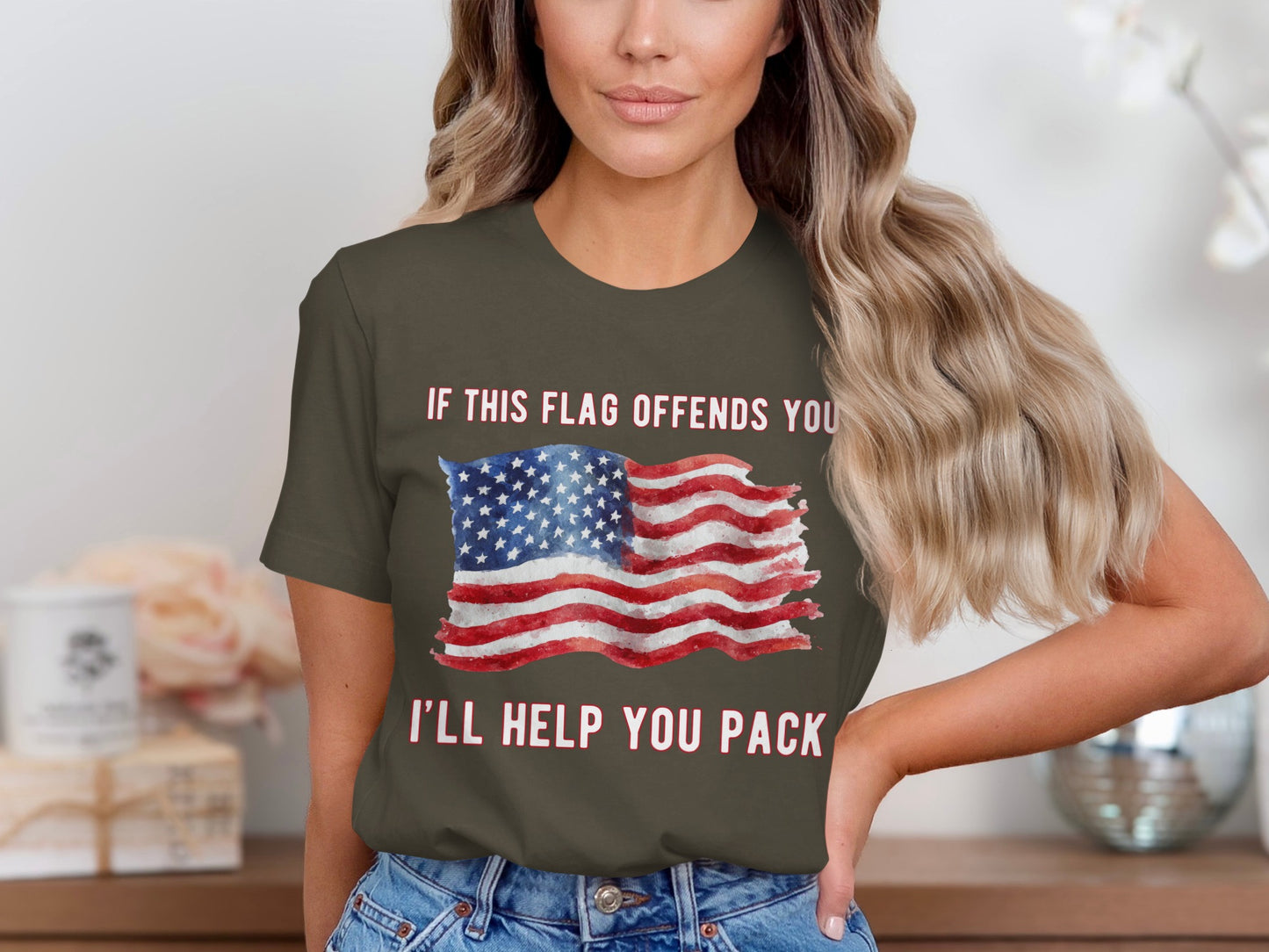 T-shirt with American flag and text: "IF THIS FLAG OFFENDS YOU I'LL HELP YOU PACK"