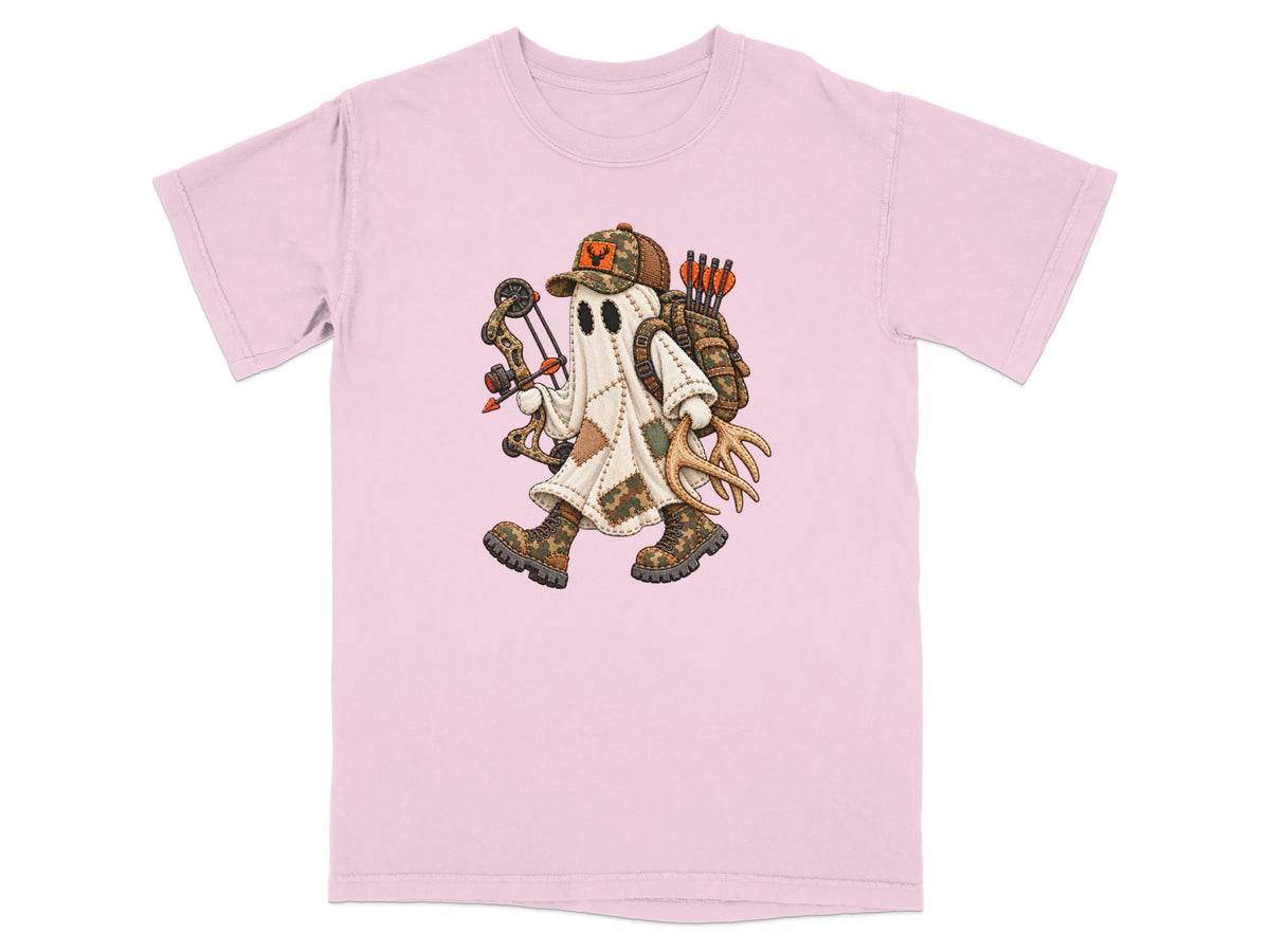 A pink crewneck t-shirt featuring an embroidered illustration of a ghost hunter carrying a bow and antlers.