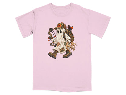 A pink crewneck t-shirt featuring an embroidered illustration of a ghost hunter carrying a bow and antlers.