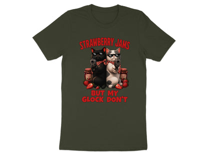 Two cats with guns and sunglasses, strawberry jam jars, and text that reads "STRAWBERRY JAMS BUT MY GLOCK DON'T".