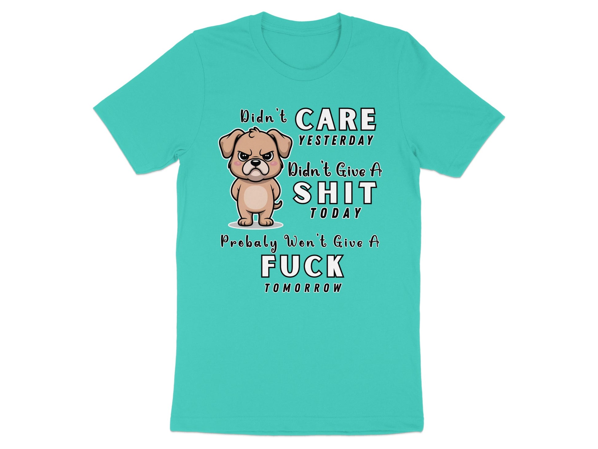 Turquoise t-shirt with cartoon dog and text "Didn't Care Yesterday, Didn't Give a Shit Today, Probably Won't Give a Fuck Tomorrow".