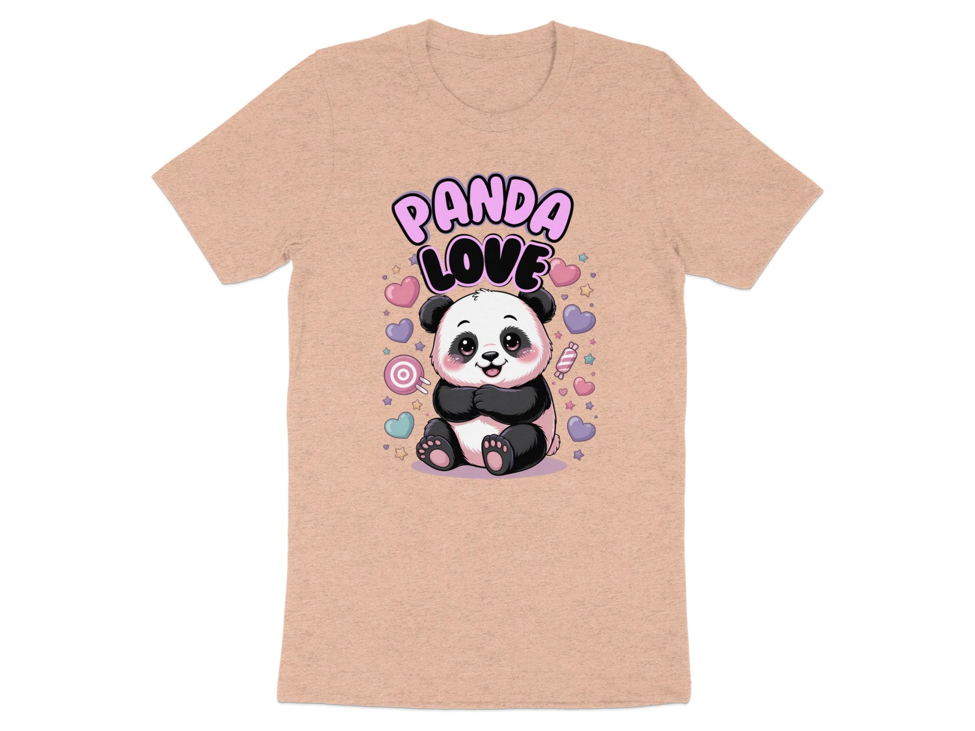 Peach t-shirt with a cartoon panda and "PANDA LOVE" text surrounded by hearts.