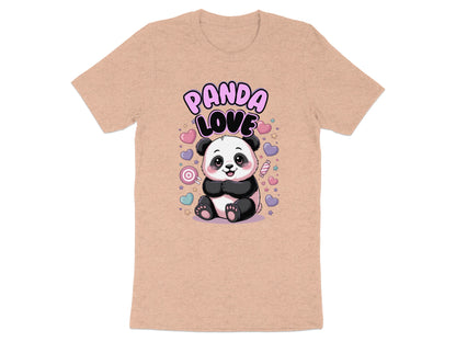 Peach t-shirt with a cartoon panda and "PANDA LOVE" text surrounded by hearts.