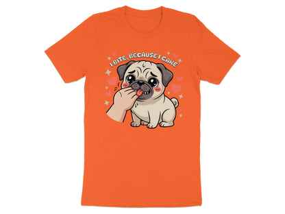 Orange t-shirt with cartoon pug biting a hand, text says "I bite, because I care."