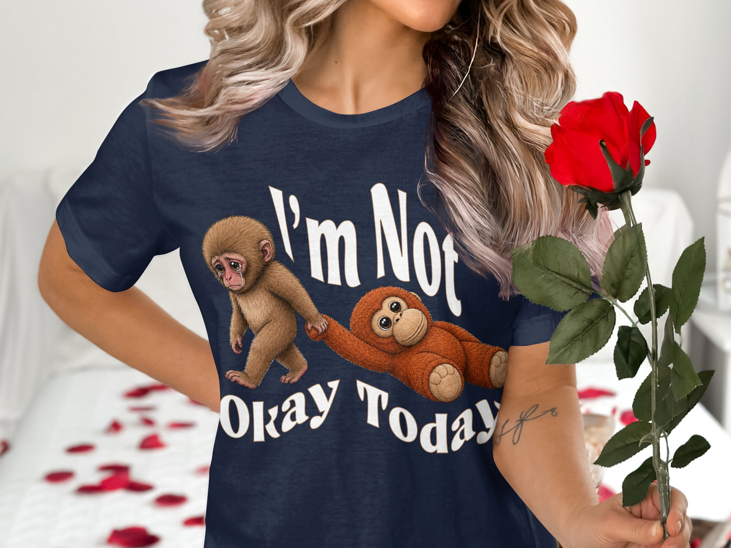 Navy t-shirt with "I'm Not Okay Today" and two monkeys graphic.