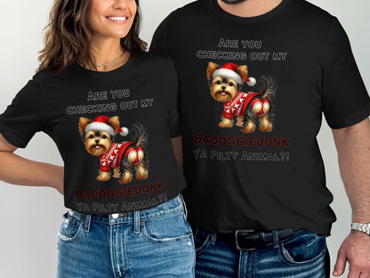 Black t-shirts feature a Yorkshire Terrier in a Santa hat and sweater with text.