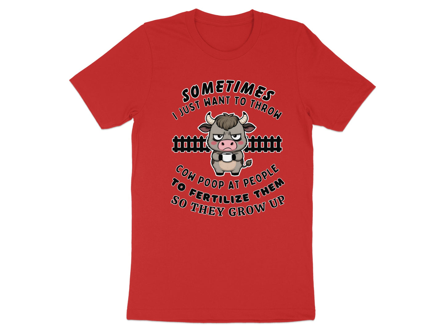 Red t-shirt with a cartoon bull holding a coffee cup and text.