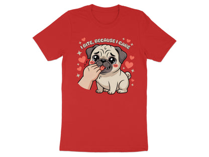 Red t-shirt featuring a cartoon pug being fed by a hand with text "I Bite, Because I Care".