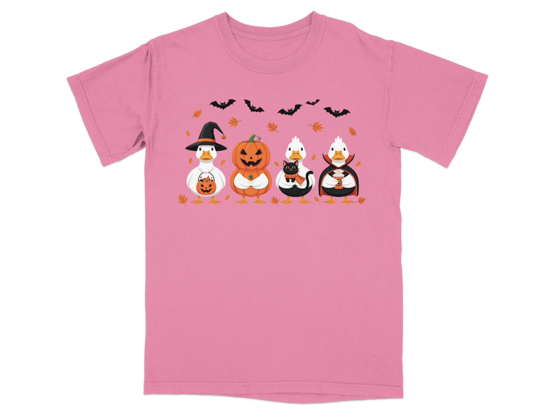 Pink t-shirt with four Halloween-themed ducks and falling leaves.