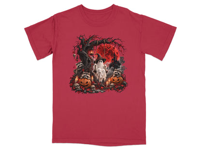 Halloween scene with ghost, raccoons, pumpkins, skulls, and a haunted castle.