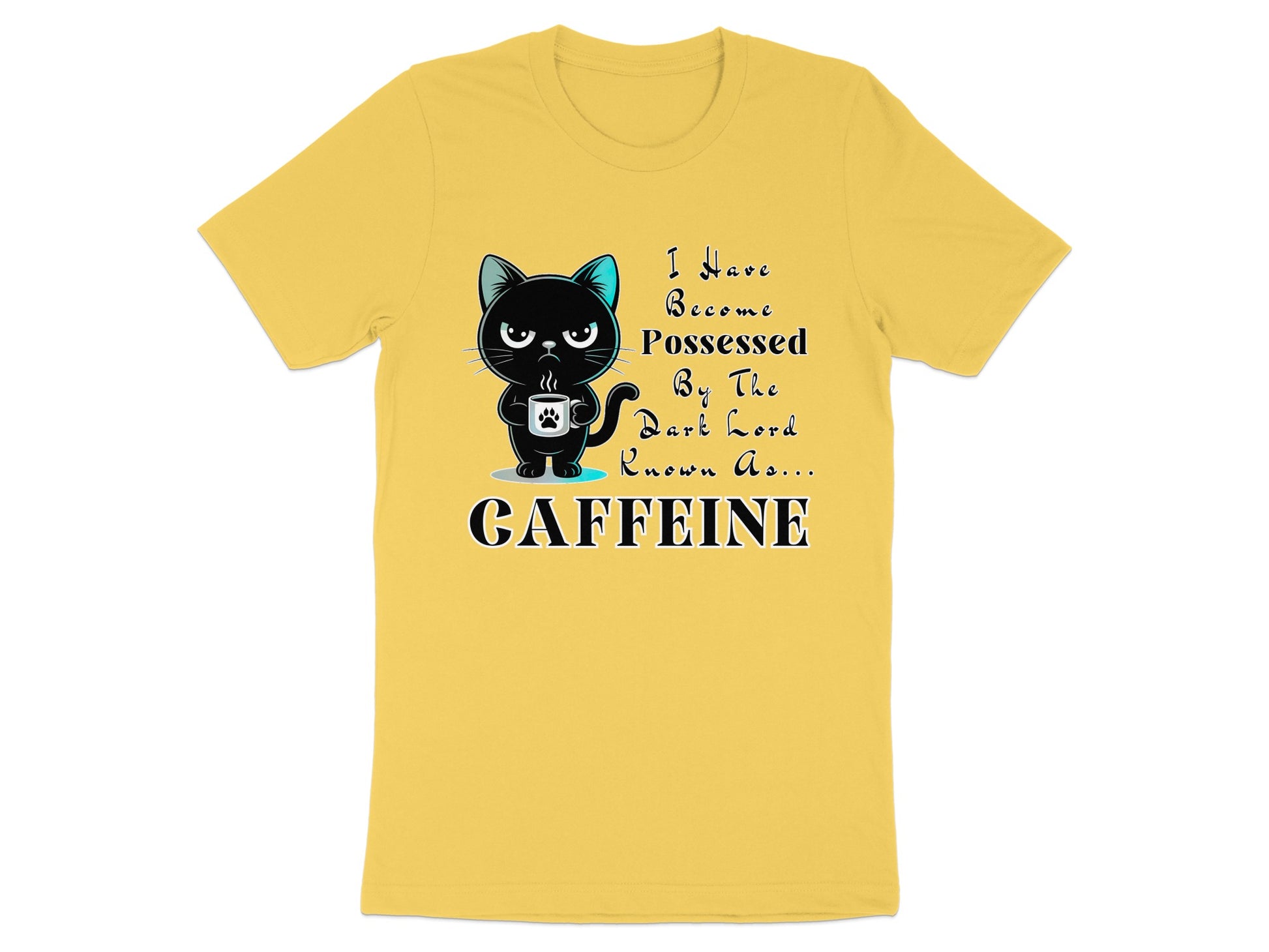 Yellow t-shirt with a black cat holding a coffee mug and the text "Caffeine".