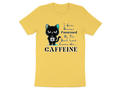 Yellow t-shirt with a black cat holding a coffee mug and the text "Caffeine".