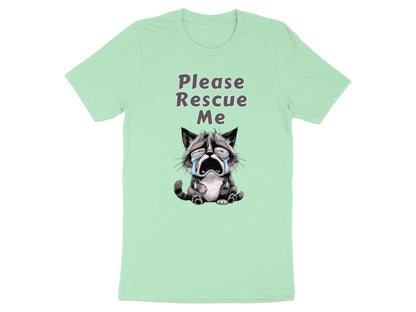 Light green t-shirt with a crying cartoon cat graphic and text "Please Rescue Me."
