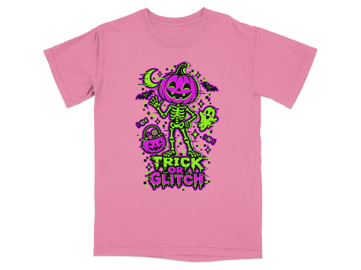 Pink t-shirt with glitch-style Halloween skeleton, pumpkin, and ghost graphic.