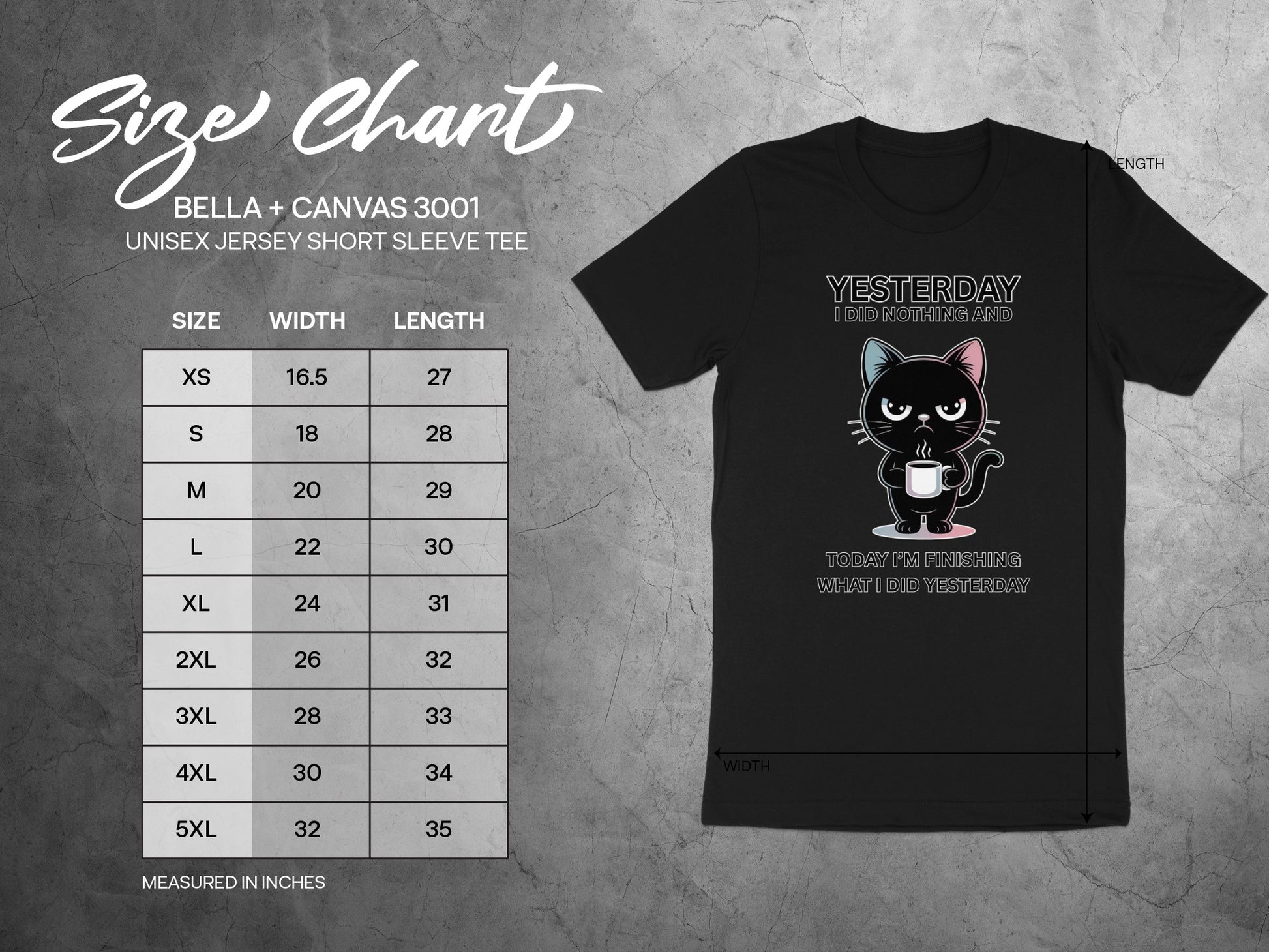 Black t-shirt with grumpy cat graphic and humorous text, with size chart.