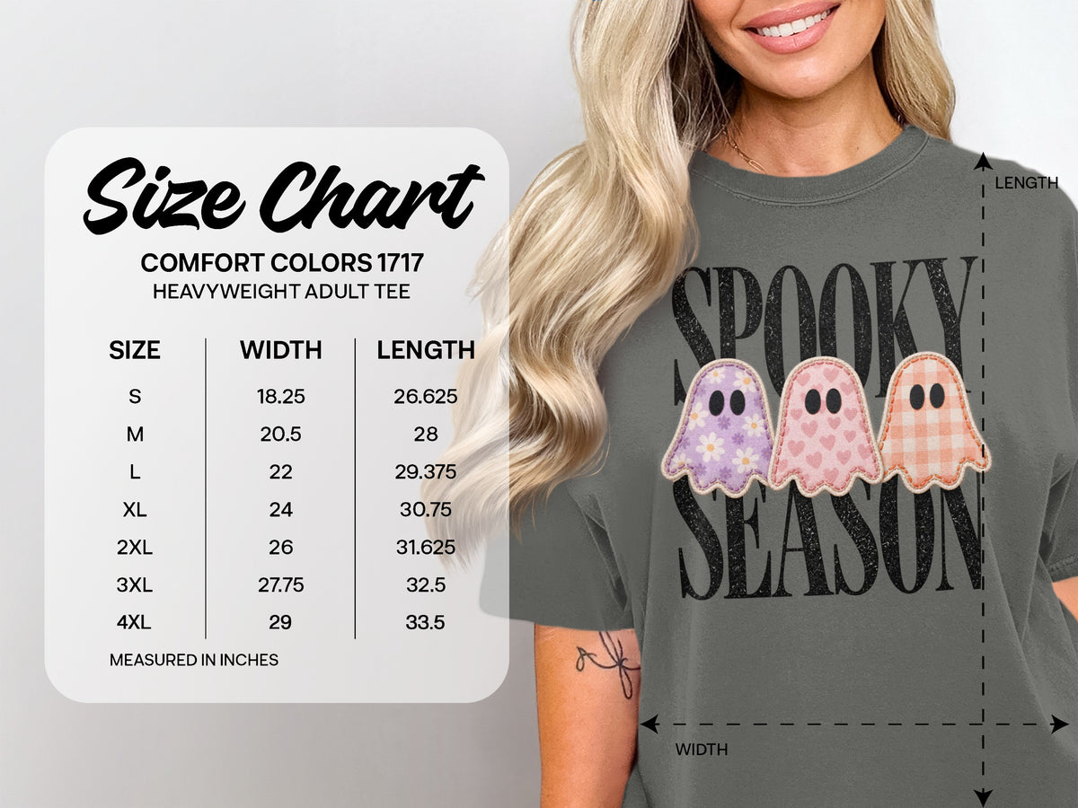 Size chart for Comfort Colors 1717 heavyweight adult tee, listing sizes S-4XL with width and length measurements.