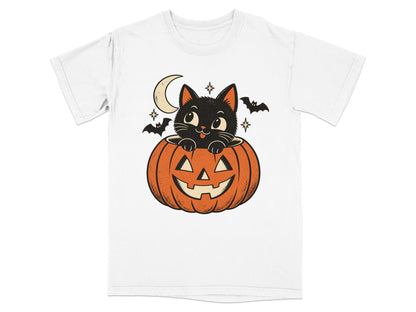 Black cat peeking from a Halloween pumpkin with bats and moon.