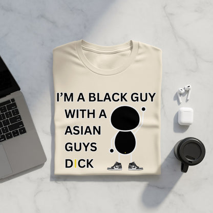 Cream t-shirt with black text and graphic of a figure wearing sneakers.