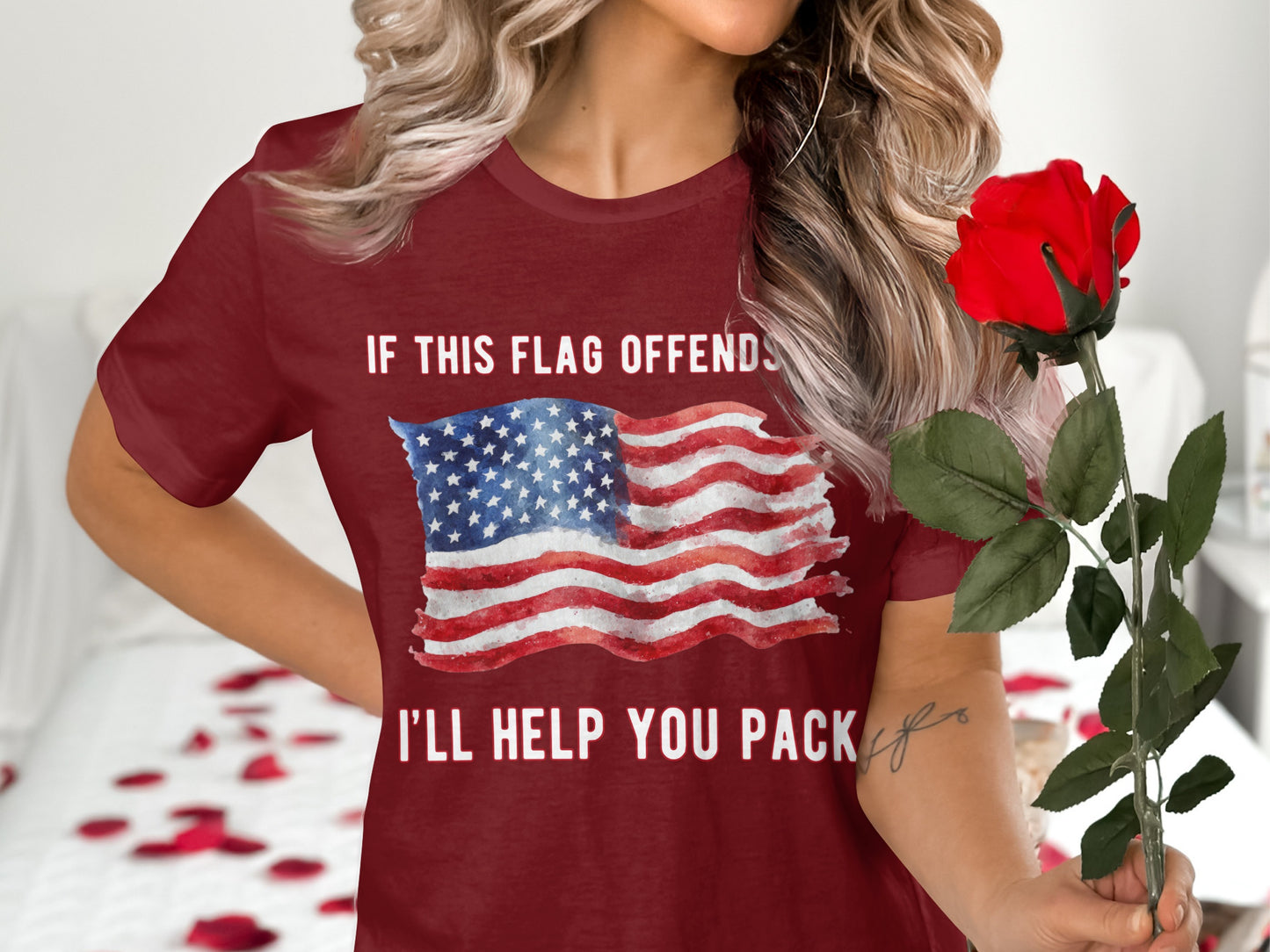Maroon t-shirt with distressed American flag and text "IF THIS FLAG OFFENDS I'LL HELP YOU PACK".