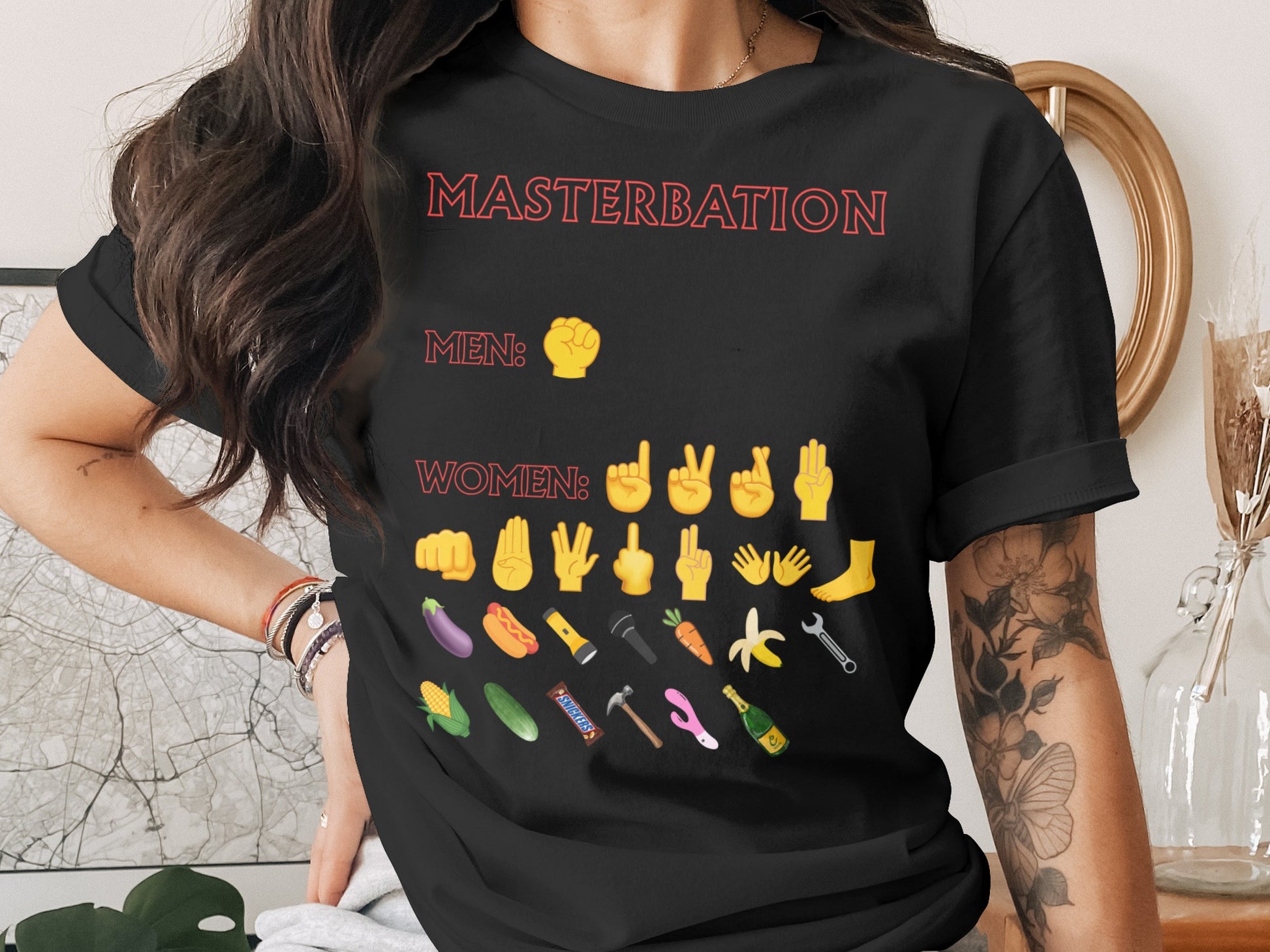 Black t-shirt with "MASTERBATION" and lists of emojis representing sex toys and body parts.