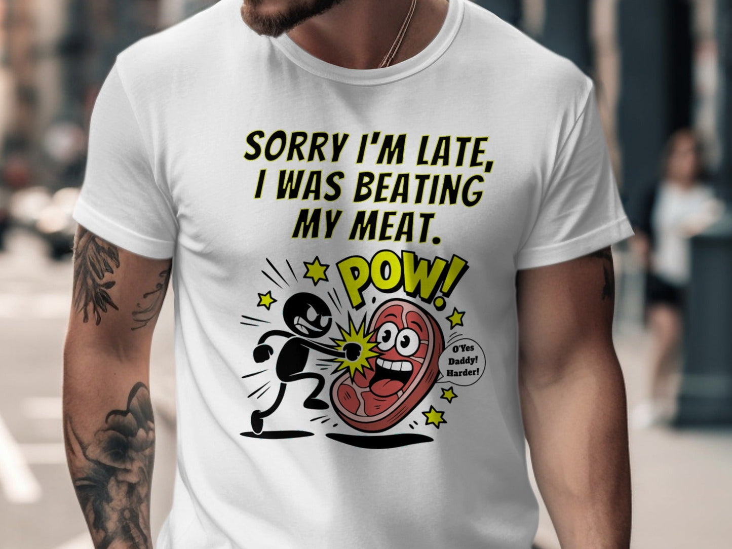 White t-shirt graphic with text and cartoon depicting a stick figure punching a steak.