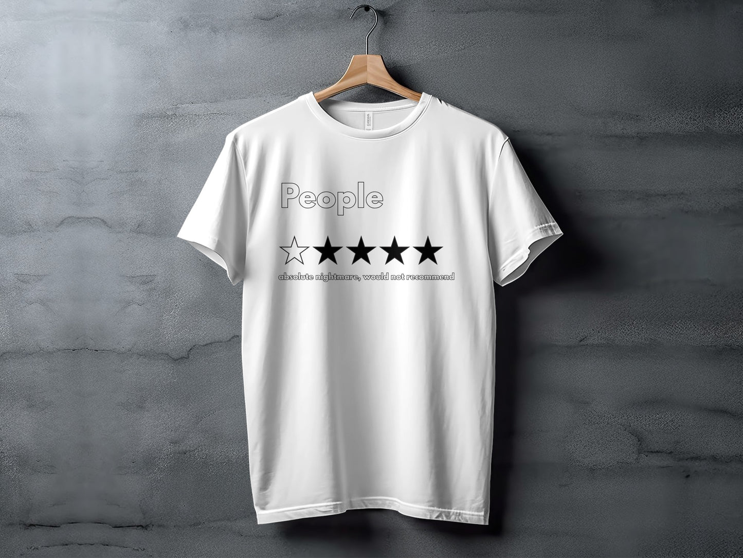 White t-shirt with "People" and one empty, four black stars, text below.