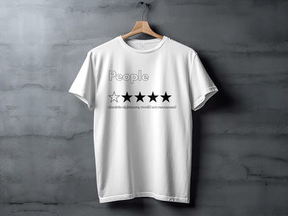 White t-shirt with "People" and one empty, four black stars, text below.