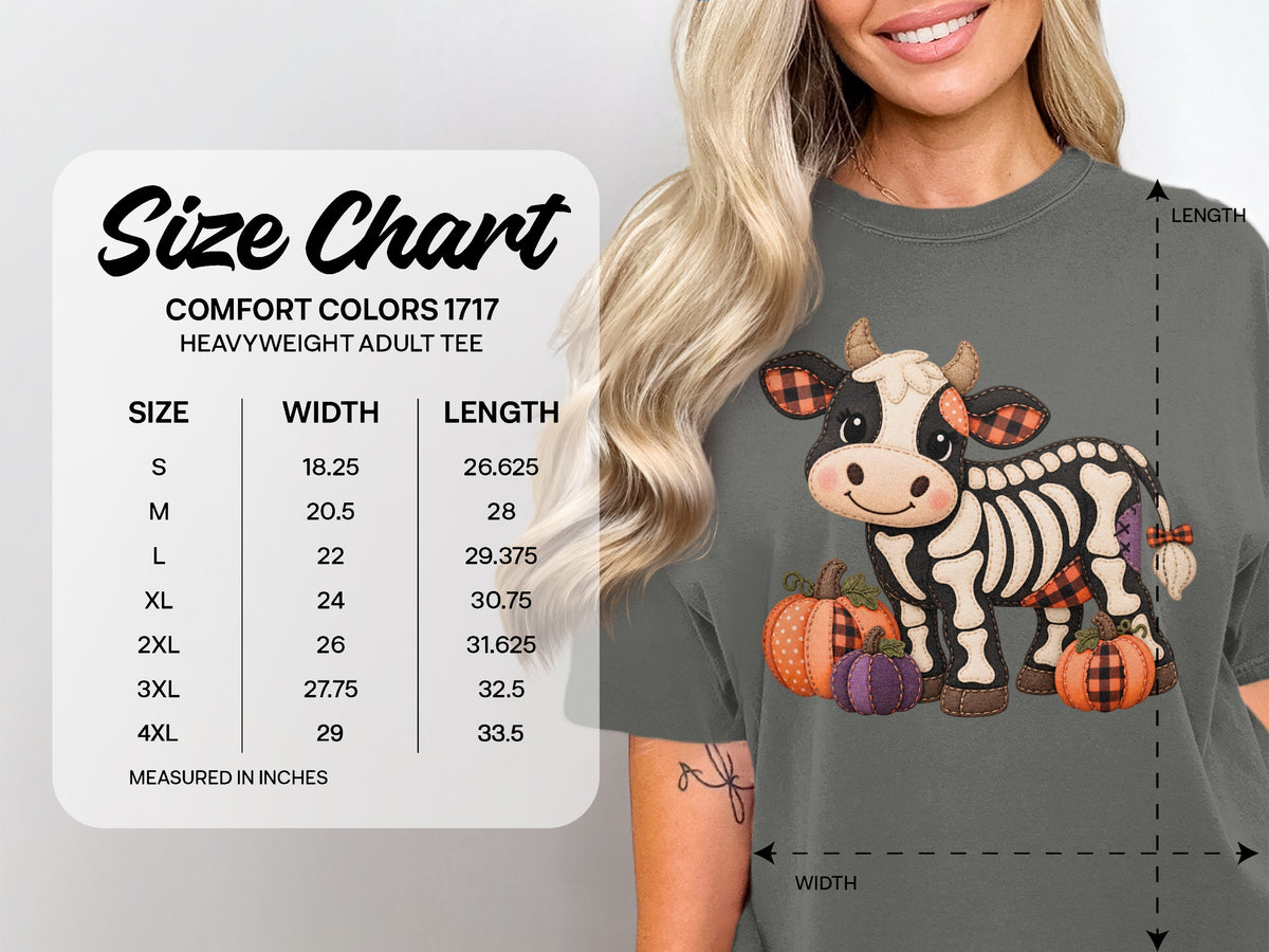 Size chart for Comfort Colors 1717 heavyweight adult tee, with width and length measurements.