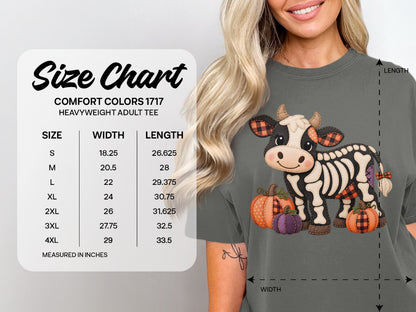 Size chart for Comfort Colors 1717 heavyweight adult tee, with width and length measurements.