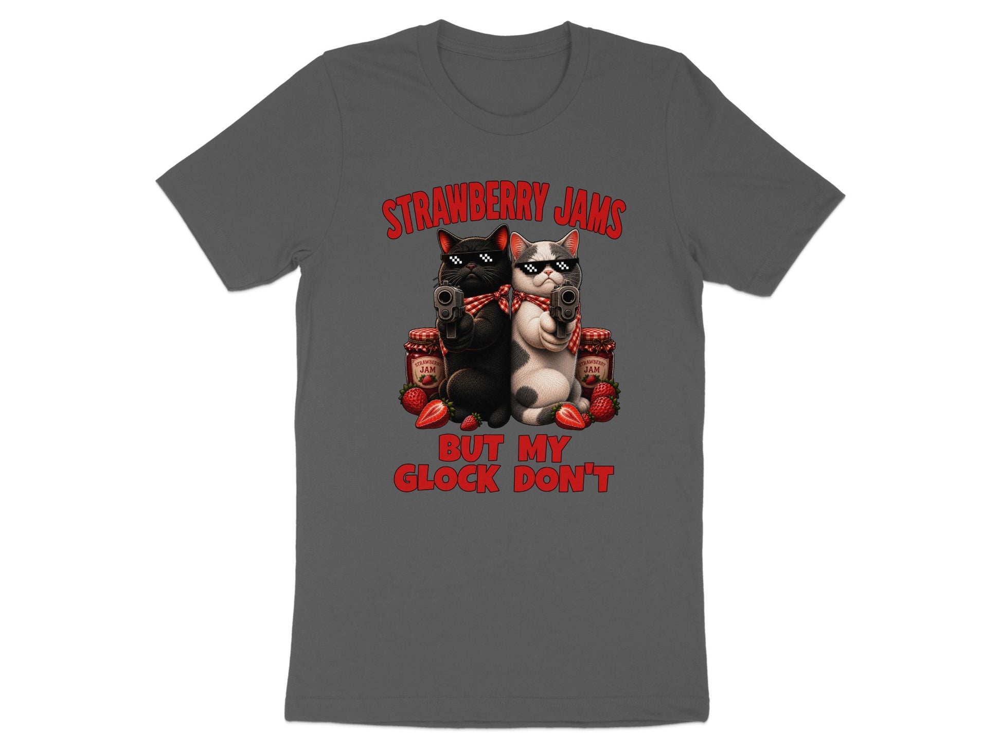 T-shirt graphic with cats holding guns, jars of jam, strawberries, and text.