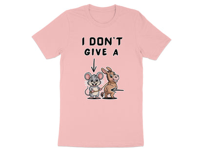 Pink t-shirt with "I DON'T GIVE A" text and cartoon mouse leading a donkey.