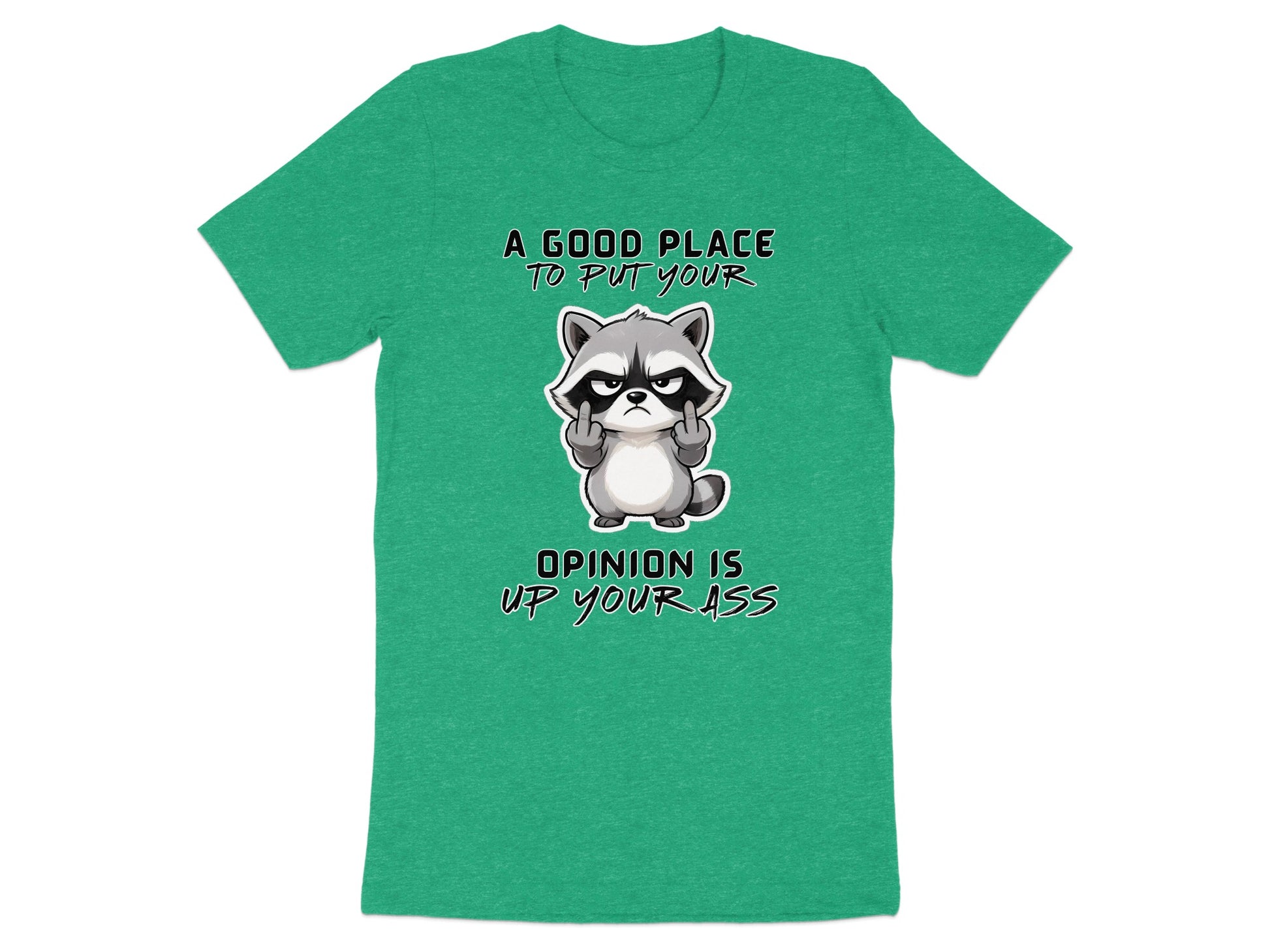 Green t-shirt with raccoon graphic and text "A GOOD PLACE TO PUT YOUR OPINION IS UP YOUR ASS".