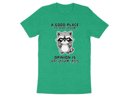 Green t-shirt with raccoon graphic and text "A GOOD PLACE TO PUT YOUR OPINION IS UP YOUR ASS".