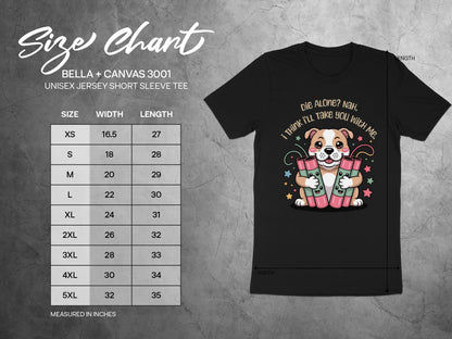 Size chart for Bella + Canvas 3001 unisex tee with dog holding dynamite graphic.