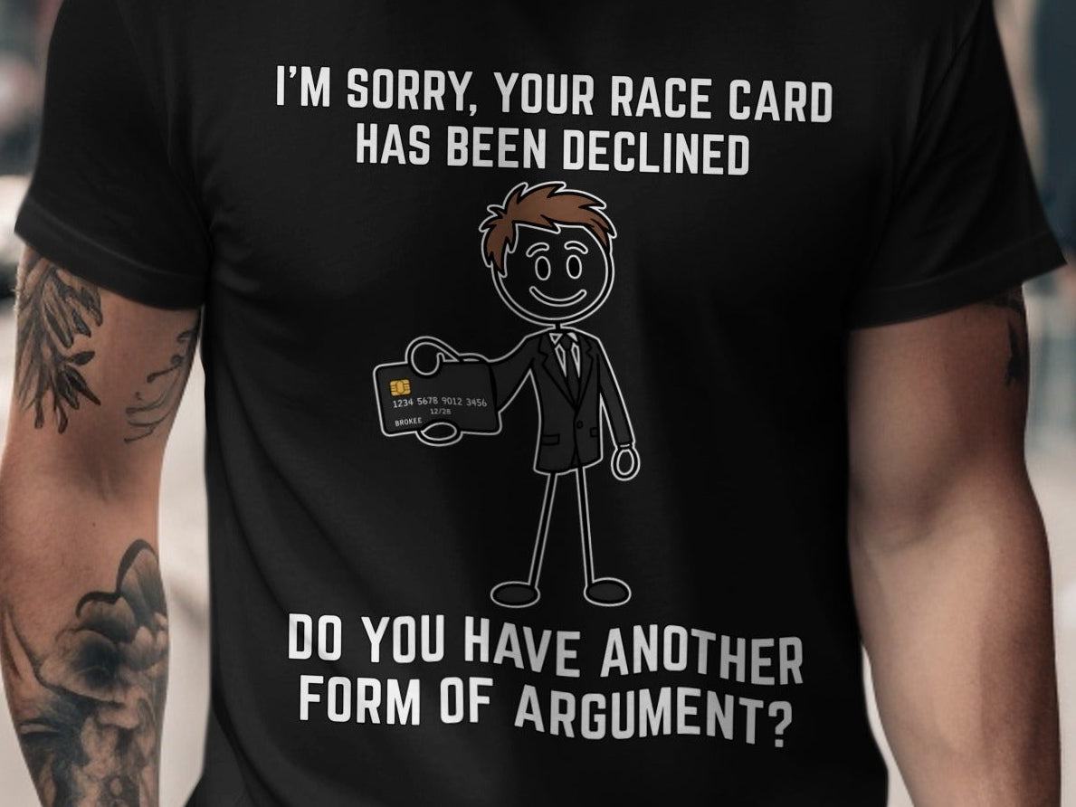 Black t-shirt with cartoon figure holding credit card and text.