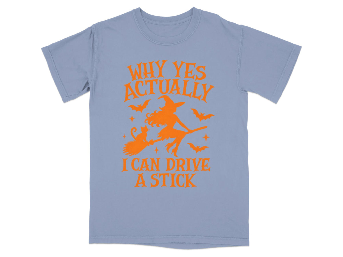 Light blue t-shirt with orange Halloween graphic and text.