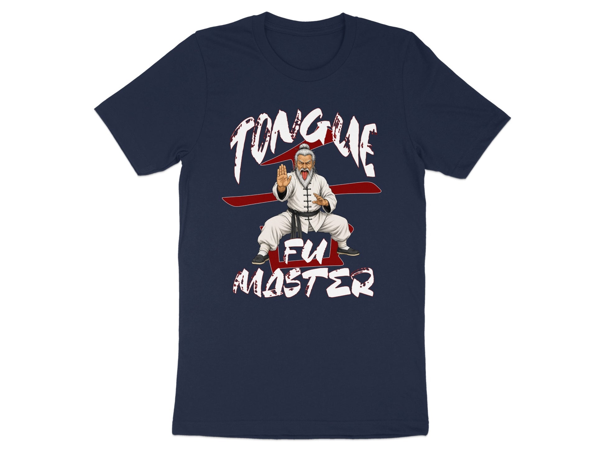 Dark blue t-shirt with illustration of an old man in martial arts stance with his tongue out.