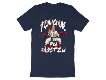 Dark blue t-shirt with illustration of an old man in martial arts stance with his tongue out.